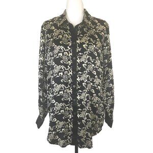 SOFT SURROUNDINGS 100% Silk Button Up Tunic Top Blouse Size Large Black Floral